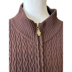 St John Collection Brown Cable Knit 100% Wool Zip Front‎ Cardigan Short Sleeve